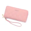 Portafoglio lungo da donna rosa con cinturino, doppia cerniera, motivo trapuntato e grande capacità. - Stile Lettera GD / Doppia Cerniera GD - Rosa