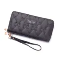 Portafoglio lungo nero da donna con polsiera, elegante motivo trapuntato a cuore, zip sicura. - Stile con Motivo a Cuore / Doppia Cerniera Cuore - Nero
