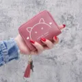 Pink short wallet for women, cute cat print zipper coin purse with tassel pendant. - Deep Pink