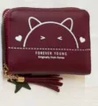 Red short zipper wallet for women, cute cat print design with stylish tassel zipper pull. - Dark Red