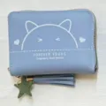 Cute cat print short wallet for women, stylish zipper coin purse with tassel pendant. - Blue