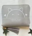 Grey short zipper wallet for women with cute cat print and stylish tassel star pendant. - Gray