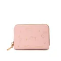 Pink PU leather cat print zipper card holder and compact coin purse with cute gold details. - 9 Card Slots / Pink
