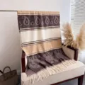 Autumn winter imitation cashmere shawl scarf with vintage paisley geometric pattern and tassel. - Off White