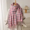 Pink grey plaid cashmere feel scarf detail view, soft cozy winter tassel shawl for women men. - Pink