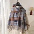Winter warm plaid cashmere feel scarf with fringe detail, elegant design for daily commuting. - Blue