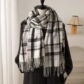 Classic black and white plaid scarf for autumn and winter, cozy cashmere-feel tassel design. - WT272-1 White