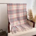 Cozy plaid tassel scarf detail shot, showing soft cashmere-feel fabric texture and chic fringe. - Pink Gray