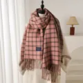Pink plaid cashmere-feel winter scarf with fringes, elegant warm tassel shawl for women. - Pink