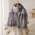 Detail shot of winter warm imitation cashmere scarf with elegant geometric and floral patterns. - Gray
