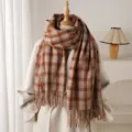 Retro autumn winter plaid imitation cashmere fringed scarf, cozy warm couple shawl detail. - Brown