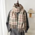 Close-up view of the cozy plaid fringe scarf, featuring soft cashmere-feel fabric detail. - 200x65cm with Tassels / Light Green Brown