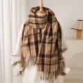 Cozy plaid pattern cashmere-feel winter scarf detail view, warm and soft tassel decoration. - WT272-2 Camel