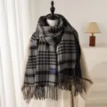 Classic grey plaid cashmere-feel tassel scarf for winter warmth and daily commute style. - Black and Gray