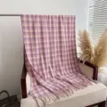 Detail view of a purple and beige plaid cashmere-feel scarf shawl with stylish fringe ends. - Purple Rice