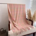 Pink plaid cashmere-feel fringed scarf, stylish autumn winter warm couple shawl accessory. - WT272-3 Pink