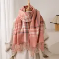 Cozy pink plaid fringe scarf detail, warm imitation cashmere shawl for autumn and winter daily wear. - Pink