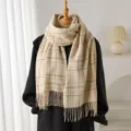 Gros plan détaillé du motif à carreaux classique et des franges douces sur l'écharpe. - Beige