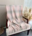 Pink grey plaid boucle cashmere feel tassel shawl scarf for autumn winter warmth style - Pink