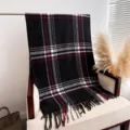 Cozy black plaid fringe scarf for autumn and winter, soft warm shawl for daily wear. - Black