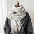 Korean style plaid imitation cashmere tassel scarf for winter warmth and daily commuting - Blue Beige