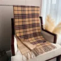 Classic plaid fringed cashmere feel winter scarf, elegant retro design detail view. - Camel