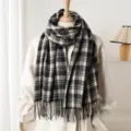Unisex autumn winter cashmere feel plaid tassel scarf cozy warmth fashion commute clothing accessory - Black