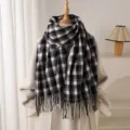 Classic black and white plaid winter tassel scarf, cozy and stylish cashmere feel shawl. - Black