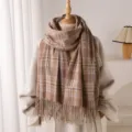Cozy winter plaid cashmere-feel fringed scarf for women and men, classic warm accessory. - Brown