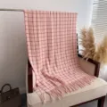 Pink plaid cashmere-feel shawl scarf detail, cozy winter tassel scarf for women and men. - Pink