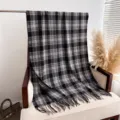 Classic black and grey plaid tassel scarf detail, cozy winter thermal cashmere-feel shawl. - Black