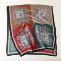 Retro color-block paisley silk scarf detail, elegant floral pattern, soft satin fabric. - Red