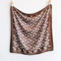 Detailed shot of retro brown floral twill square scarf, elegant print design for versatile styling. - FN267-3 Brown