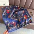 Luxury French court carriage print silk square scarf, elegant vintage neck shawl for women. - FG70-4 Navy Blue