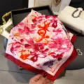 Floral print silk scarf detail, elegant square fashion accessory with vibrant red border. - 66-70cm / Red