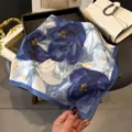 Blue floral print silk-feel square scarf elegant neckerchief women head wrap shawl. - Purple
