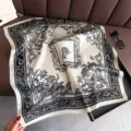 Pañuelo cuadrado de seda con estampado floral vintage, elegante chal negro y blanco mujer. - FG45-1