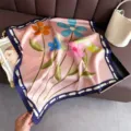 Pañuelo cuadrado de seda con estampado floral para mujer, elegante bufanda rosa y chal. - FG60-4