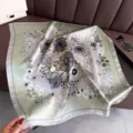 Floral print silk square scarf for women, elegant green neck scarf and versatile sun protection. - FG39-1 Green