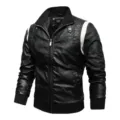 Men's black faux leather jacket with diamond quilting, stand collar and white stripes. - EUR 2XL / CHN 3XL / Top - Black Without Hood/Embroidery Style (158)