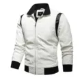 Men faux leather jacket white black colorblock motorcycle outwear stand collar casual coat - EUR 2XL / CHN 3XL / Top - White Without Hood/Embroidery Style (158)