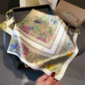 Exquisite 70cm botanical floral print silk feel square scarf elegant vintage neckerchief detail - Khaki
