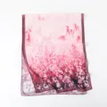 Detailed view of the pink floral silk scarf, featuring elegant landscape and blossom print. - 180x70cm / XA8-2 Pink