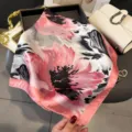 Pink floral silk scarf for women square head wrap elegant fashion neckerchief shawl - Pink