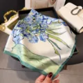 Elegant blue floral print imitation silk square scarf, perfect for stylish neck wear. - Green