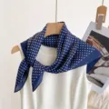 Navy blue white polka dot silk scarf square neck wrap classic vintage fashion hair accessory - Navy Blue
