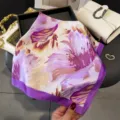 Pink purple floral print silk square scarf fashionable hair scarf neck wrap elegant shawl for women - Purple