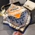 Vintage paisley print square silk scarf elegant women neckerchief fashion head wrap shawl. - Navy Blue