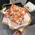 Elegant rose printed square silk scarf for women, stylish neckerchief and sun protection shawl. - Orange