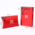 Red paper gift boxes set with black floral pattern, includes pillow box and paper tote bag. - STD-1
